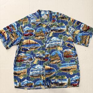 Reyn Spooner Corvette C6 Shirt Mens XXXL Hawaiian Blue Beach No Size Tag 27X31